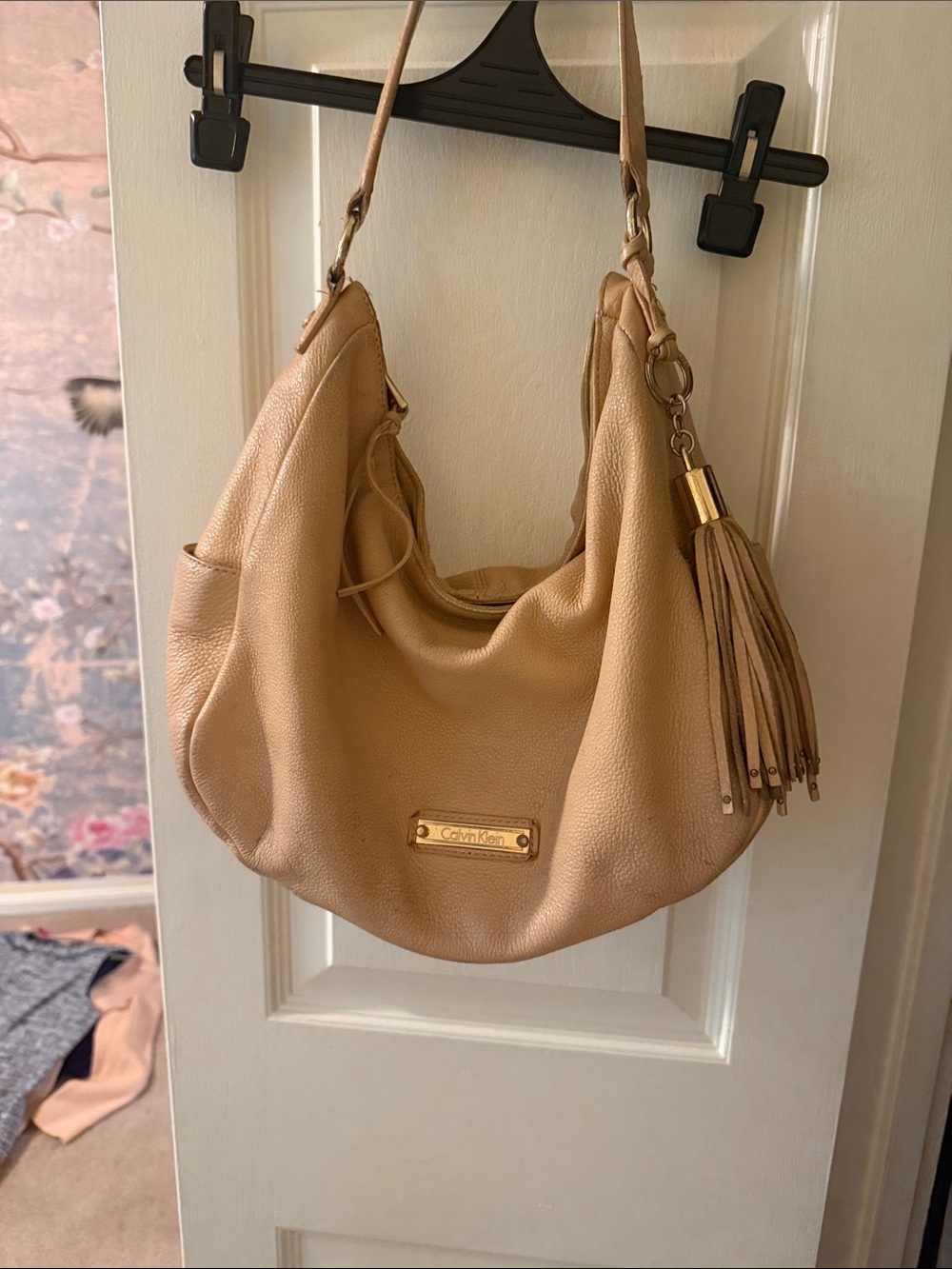 Calvin Klein Beige Pebbled Leather Hobo with Tassel